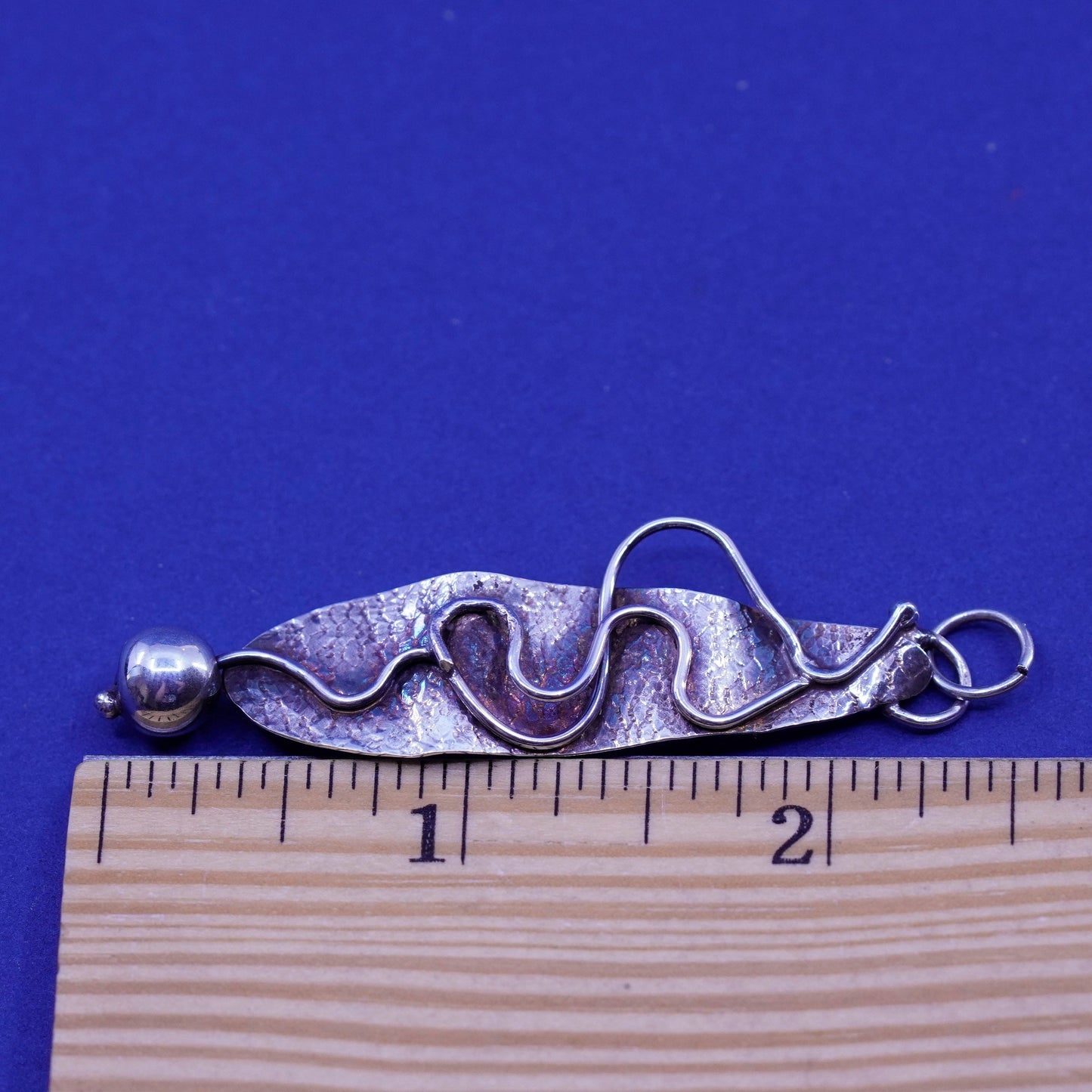 Vintage sterling silver handmade pendant, 925 wavy tag with bead