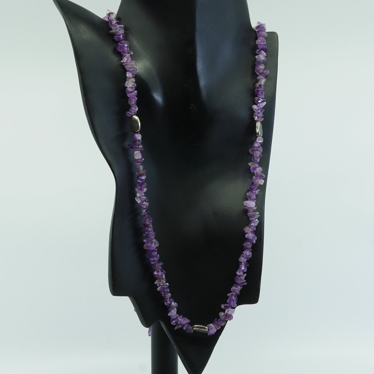 40”, vtg sterling silver handmade necklace, amethyst N 925 nugget beads