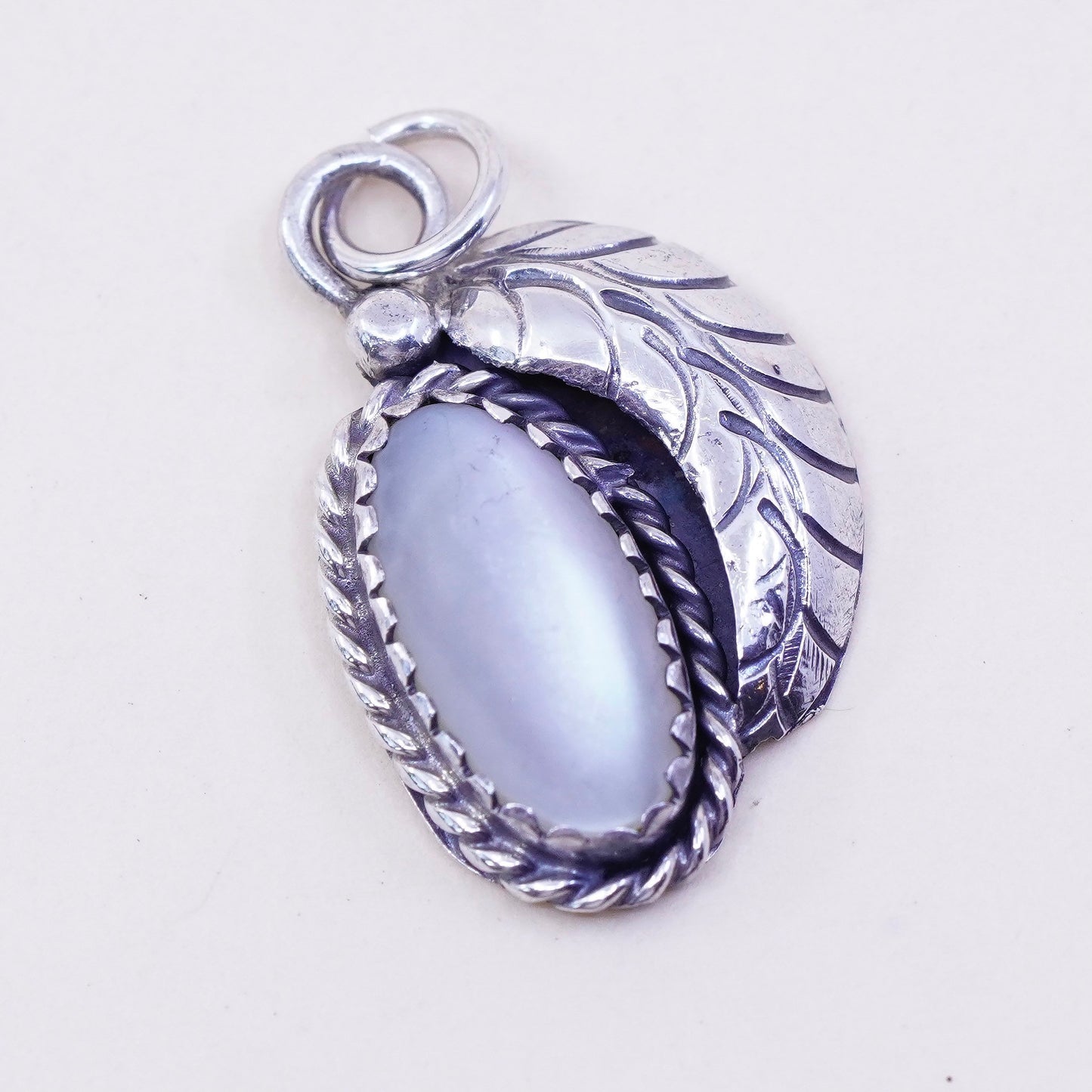 Vintage Sterling 925 silver handmade pendant with oval moonstone and leaf