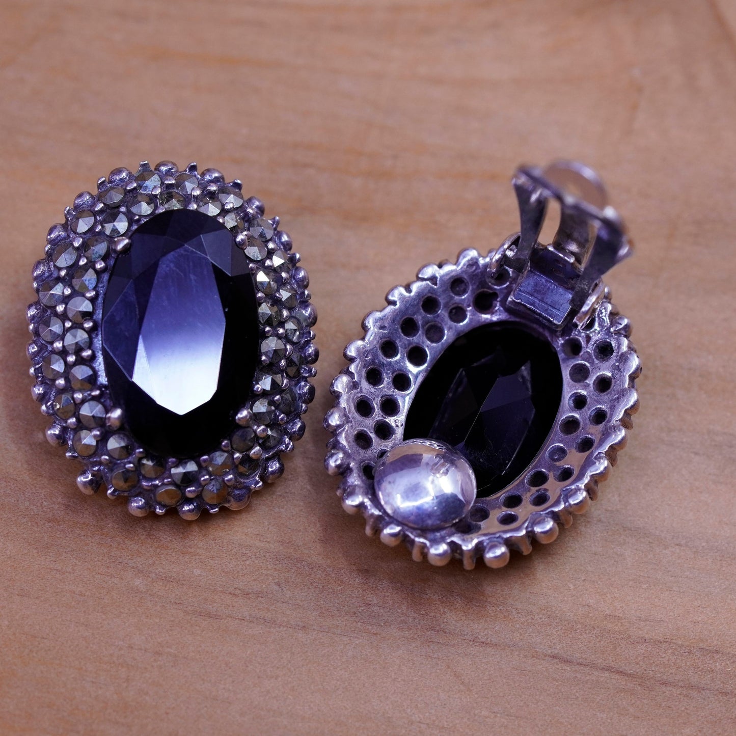 Mexico Sterling silver handmade earrings, 925 oval obsidian clip on marcasite