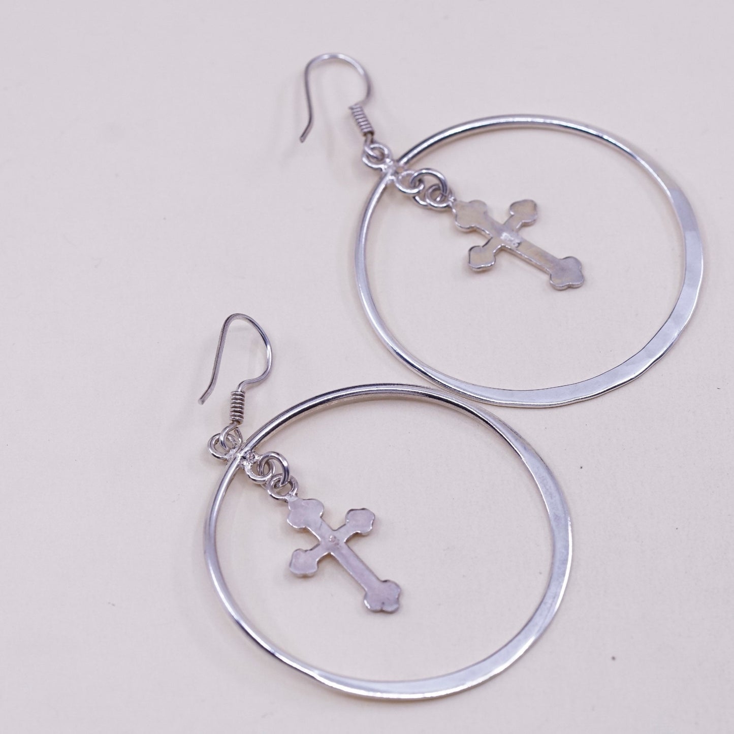 Vintage Sterling silver handmade earrings, huge 925 hoops with cross charms