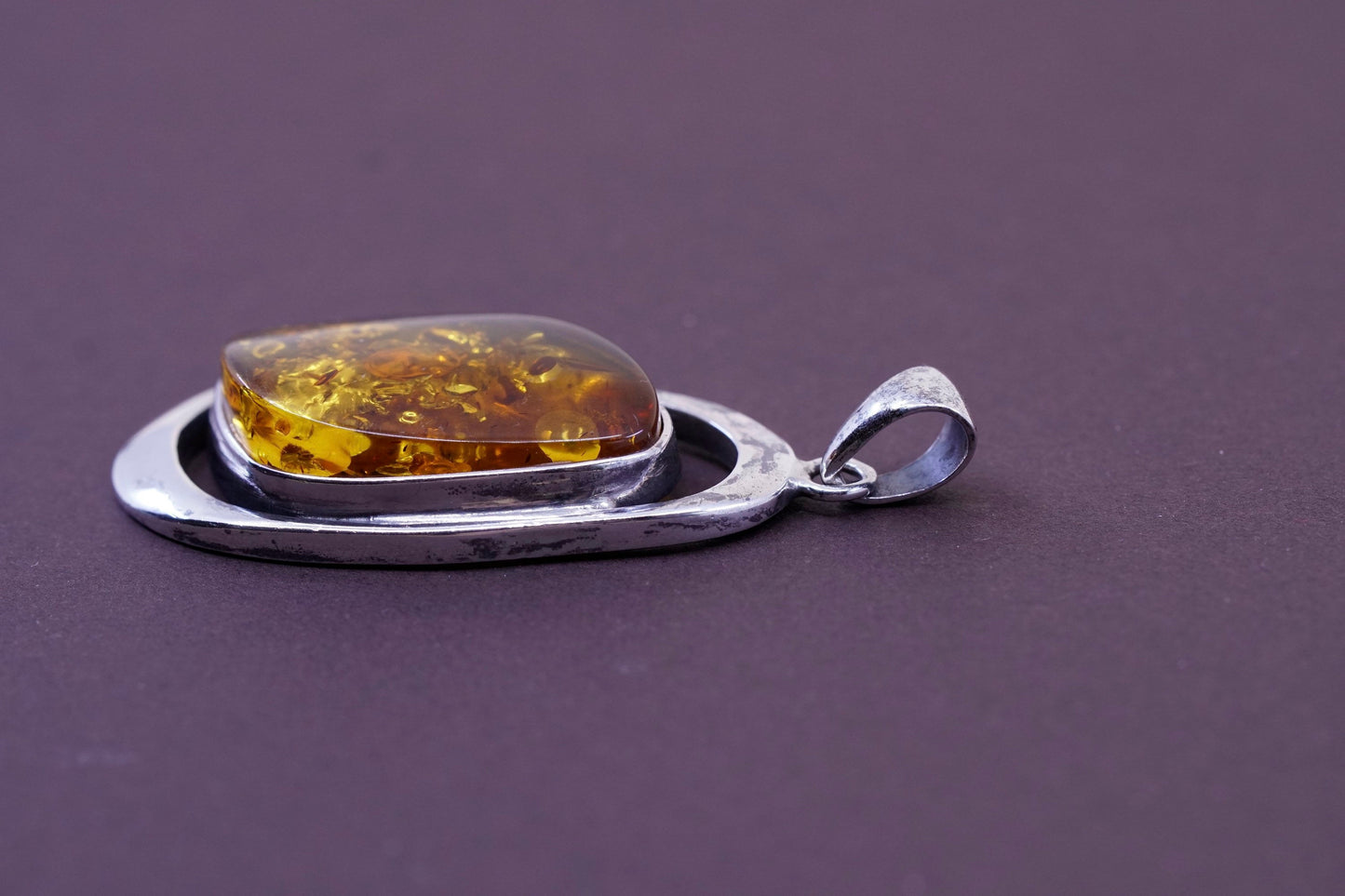 Vintage modern Sterling 925 silver handmade pendant with Amber pendant