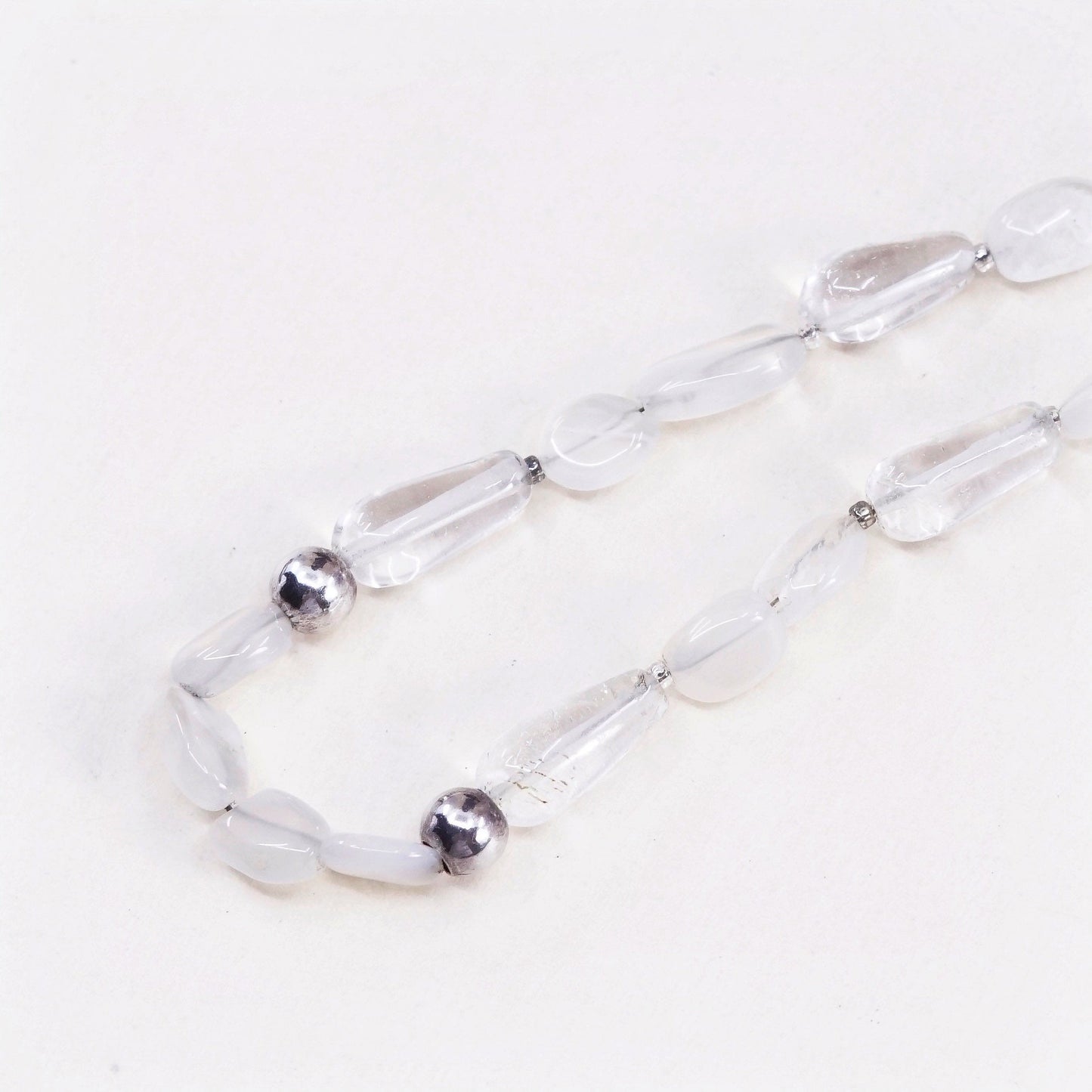 18”, handmade clear crystal beads necklace w sterling 925 silver toggle closure