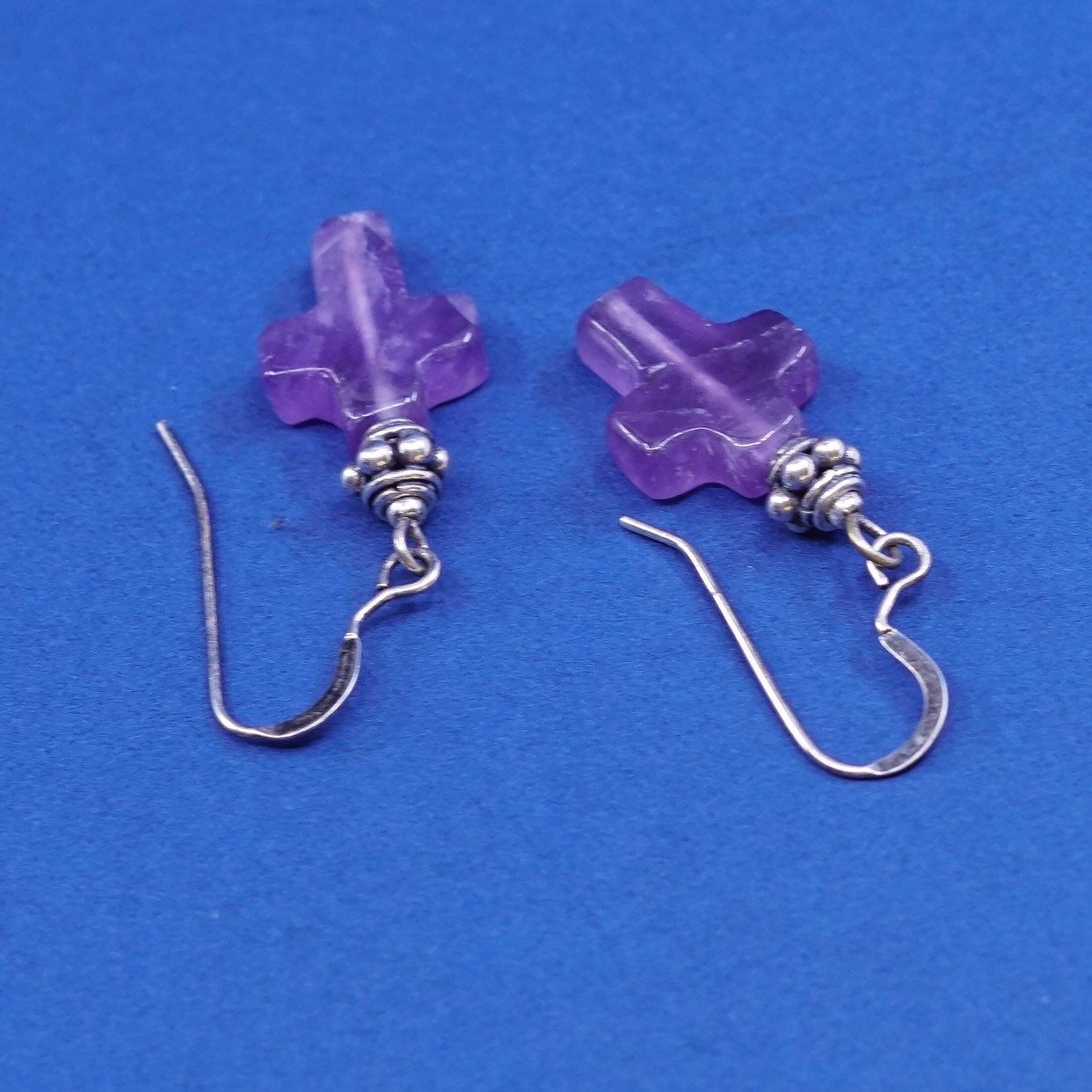 vtg sterling silver handmade earrings, 925 w/ amethyst cross dangles