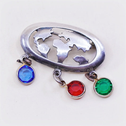 Vintage sterling silver handmade brooch, 925 world map with colorful crystal