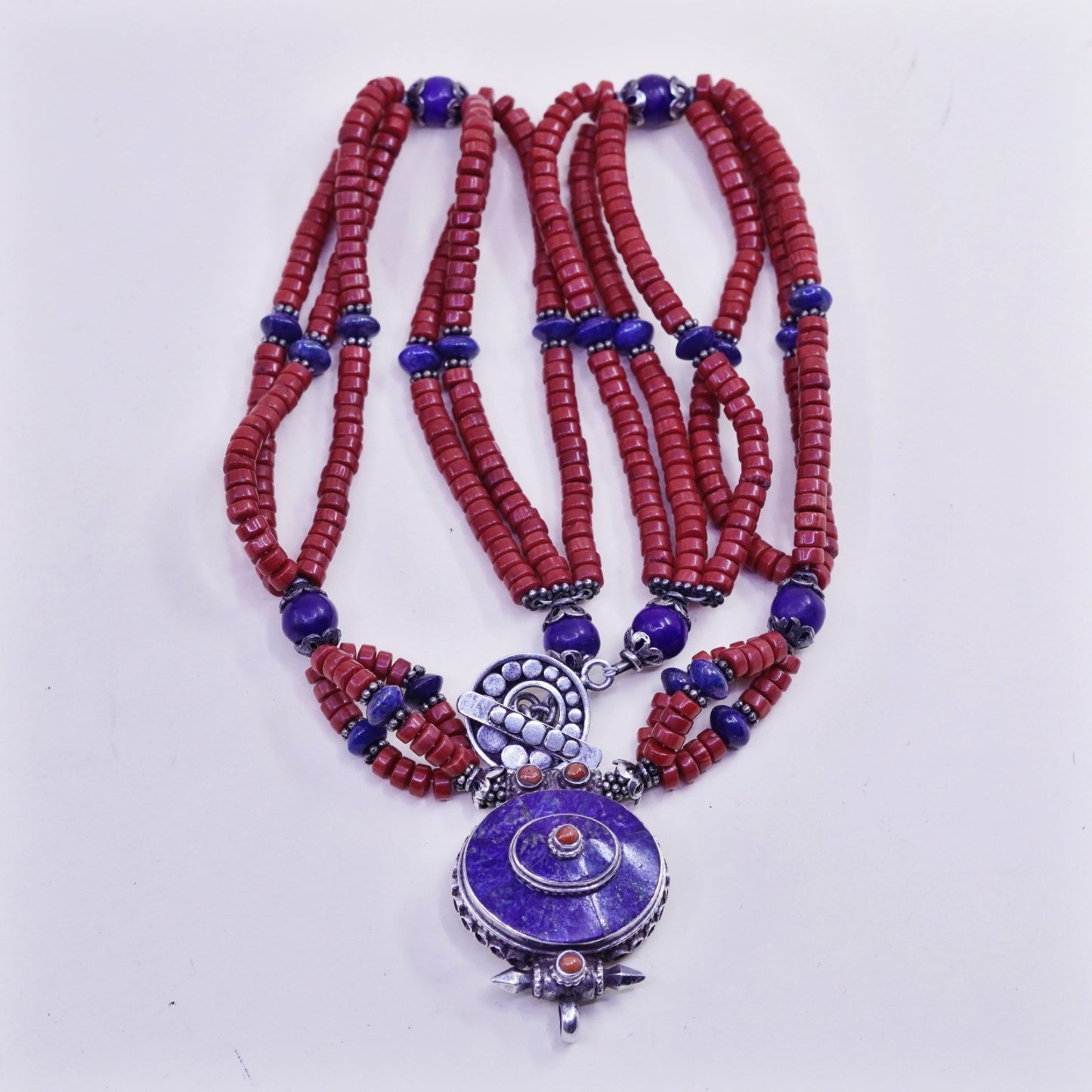 18”, native American Sterling 925 silver necklace, Coral heishi lapis lazuli