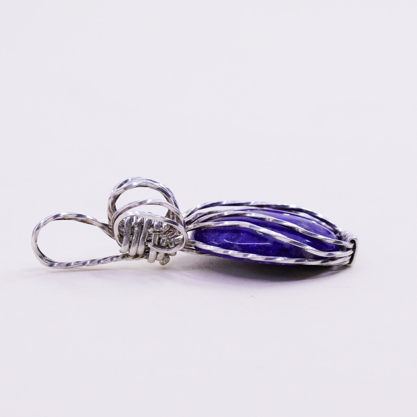 Vintage Sterling 925 silver handmade wired pendant with oval lapis lazuli