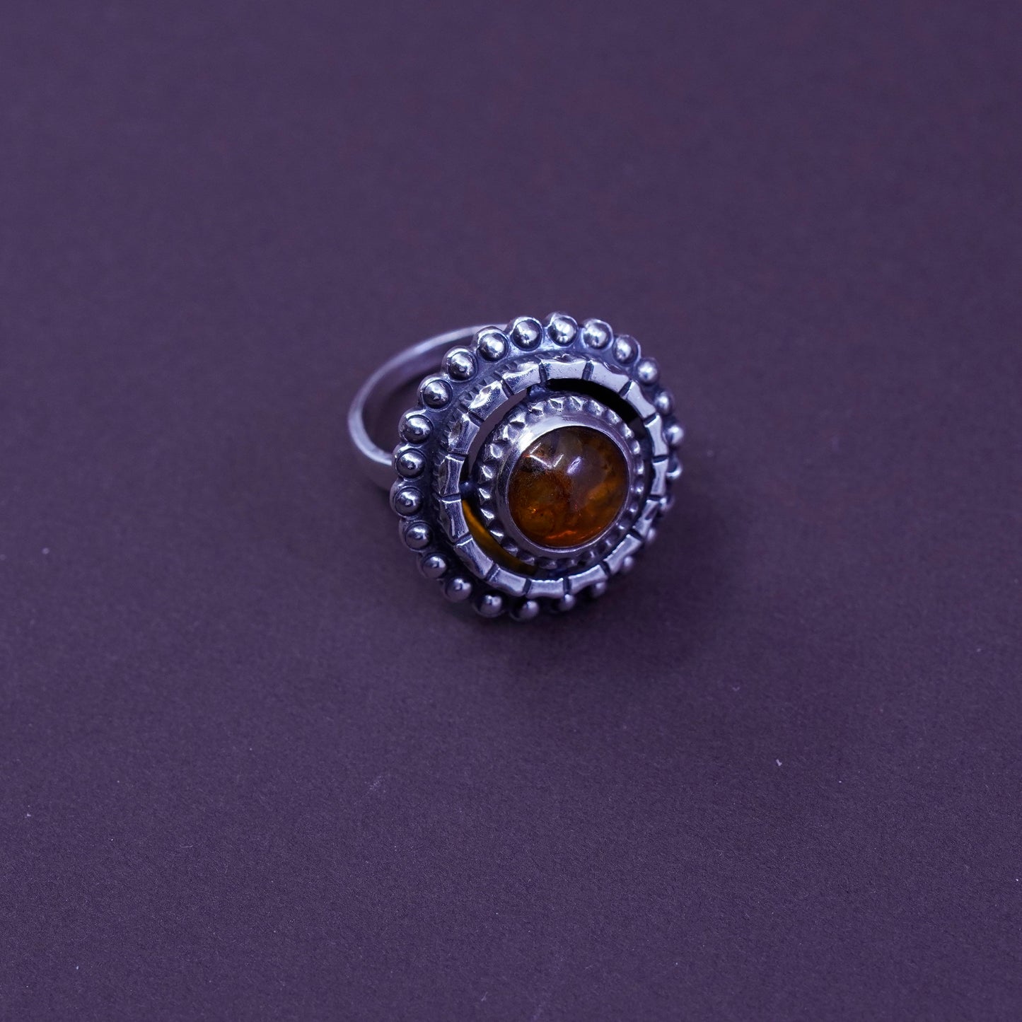 Size 7.5, vtg KALUPE Sterling 925 silver handmade sun ring with Amber and beads