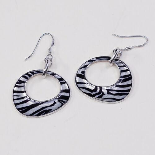 Vtg Sterling Handmade Earrings, Modern 925 Silver Circle W/ Enamel Zebra Texture