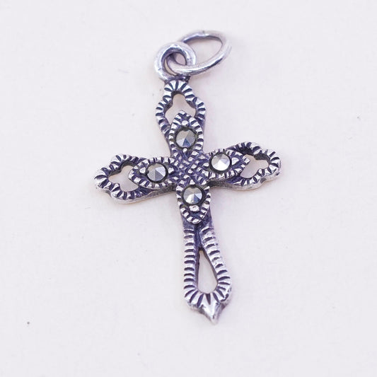 Vintage handmade sterling 925 silver cross pendant with marcasite