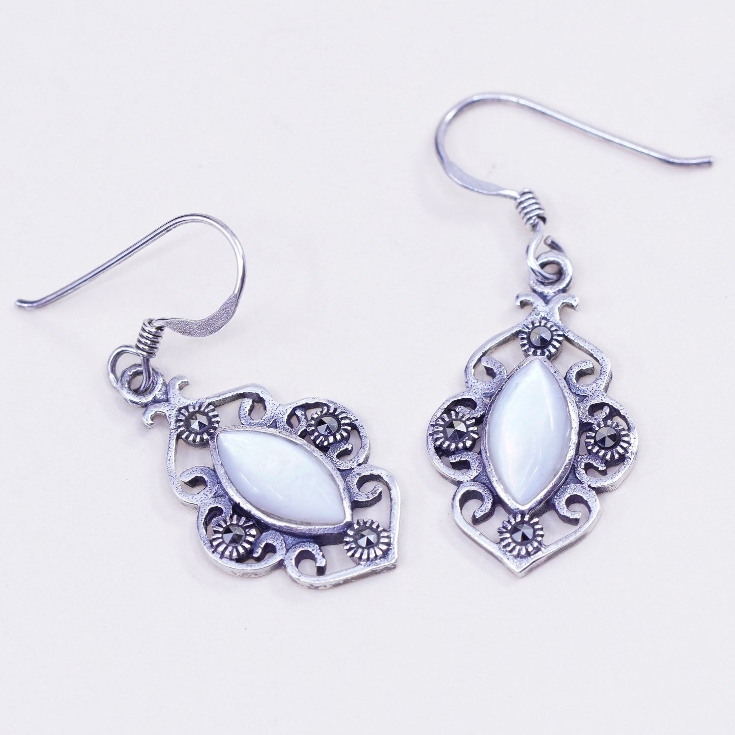 Vintage sterling silver handmade earrings, 925 marquise w/ moonstone marcasite