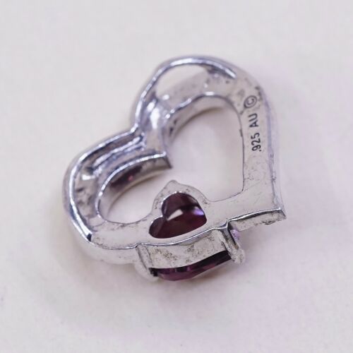 Vintage AU Sterling Silver Heart Pendant, 925 Silver With Pink Cz, Stamped 925