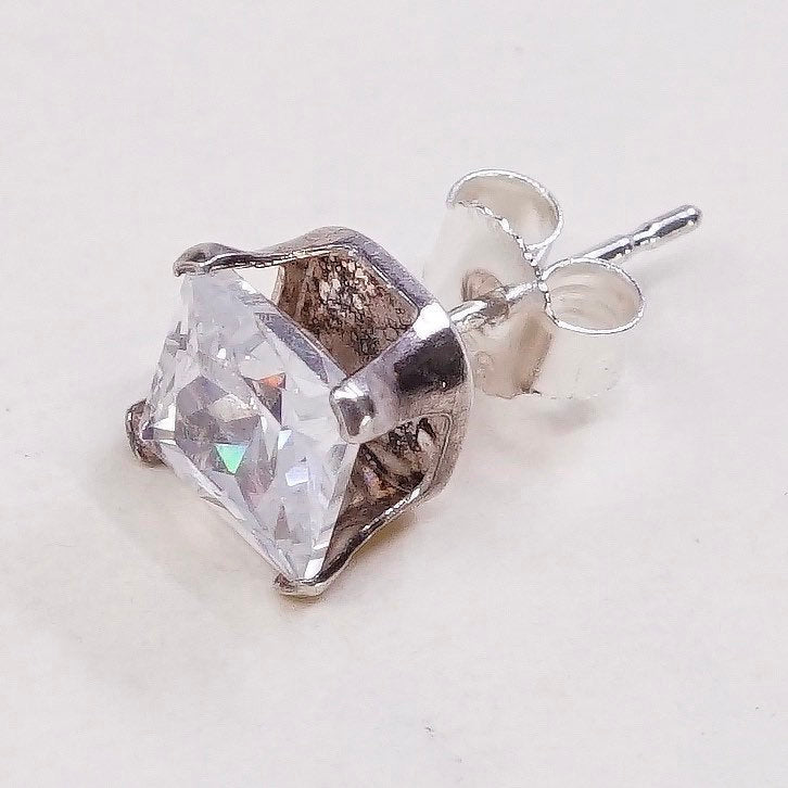 vtg sterling silver square clear CZ studs, fashion minimalist earrings