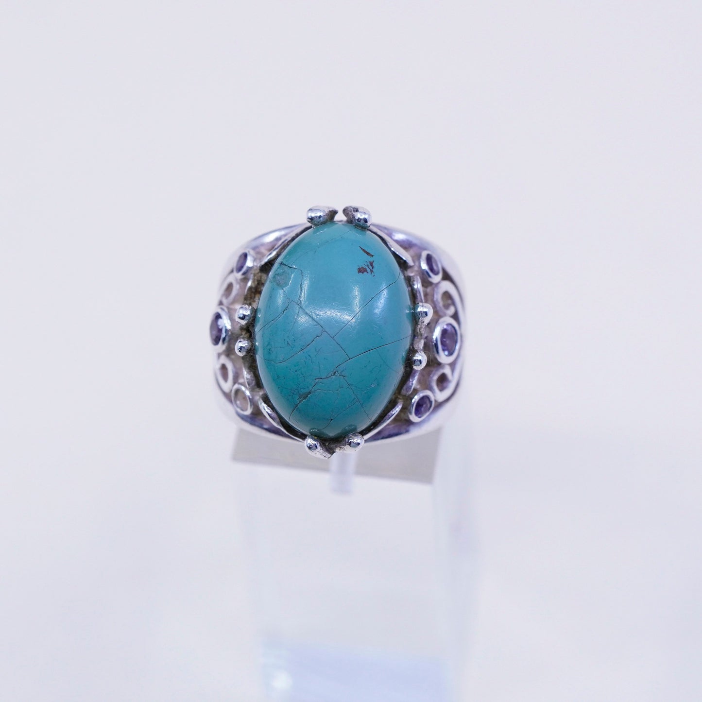 Size 7.25, Vintage sterling 925 silver filigree ring w/ turquoise and amethyst