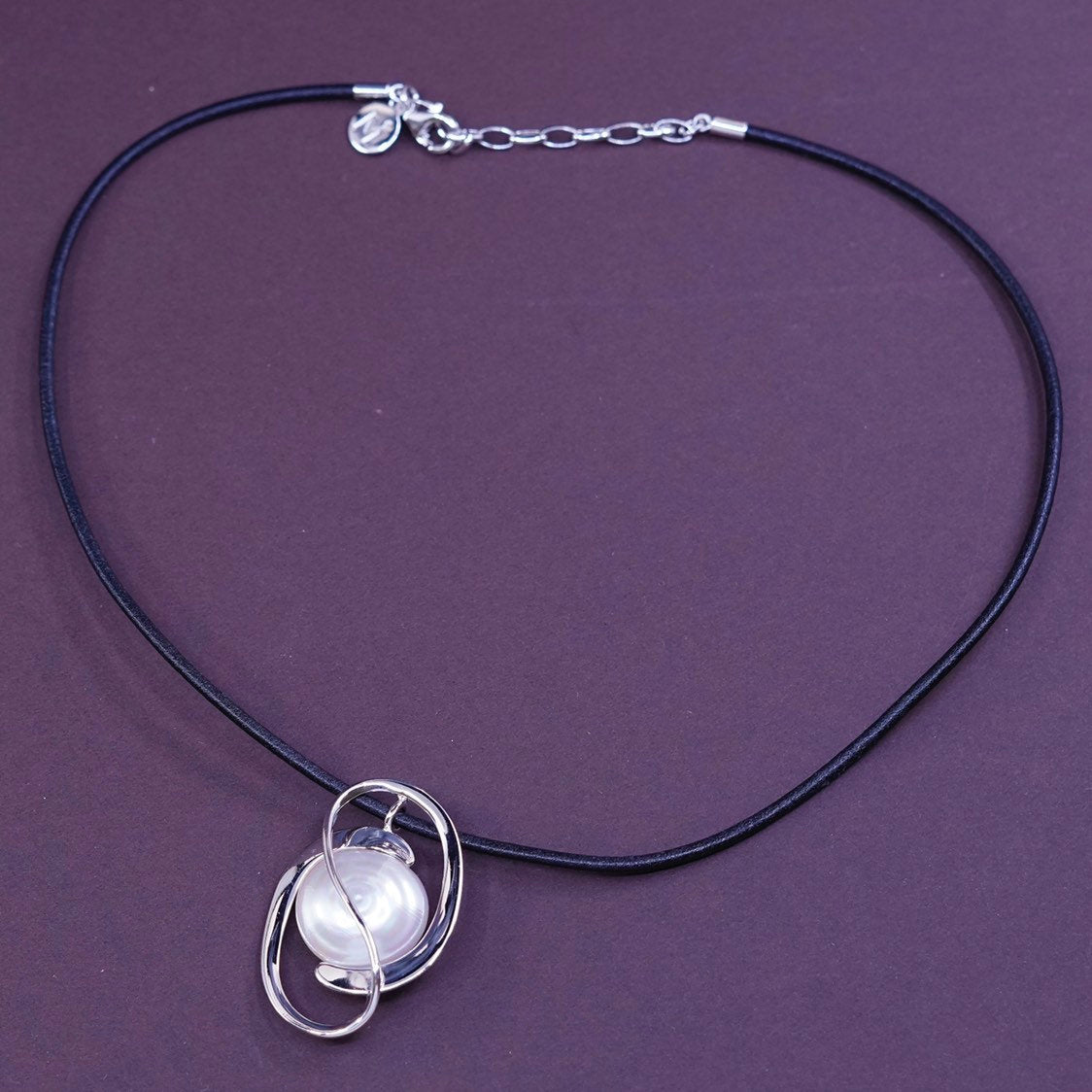 15+2", Sterling silver handmade necklace, 925 pearl Pendant w/ leather chain