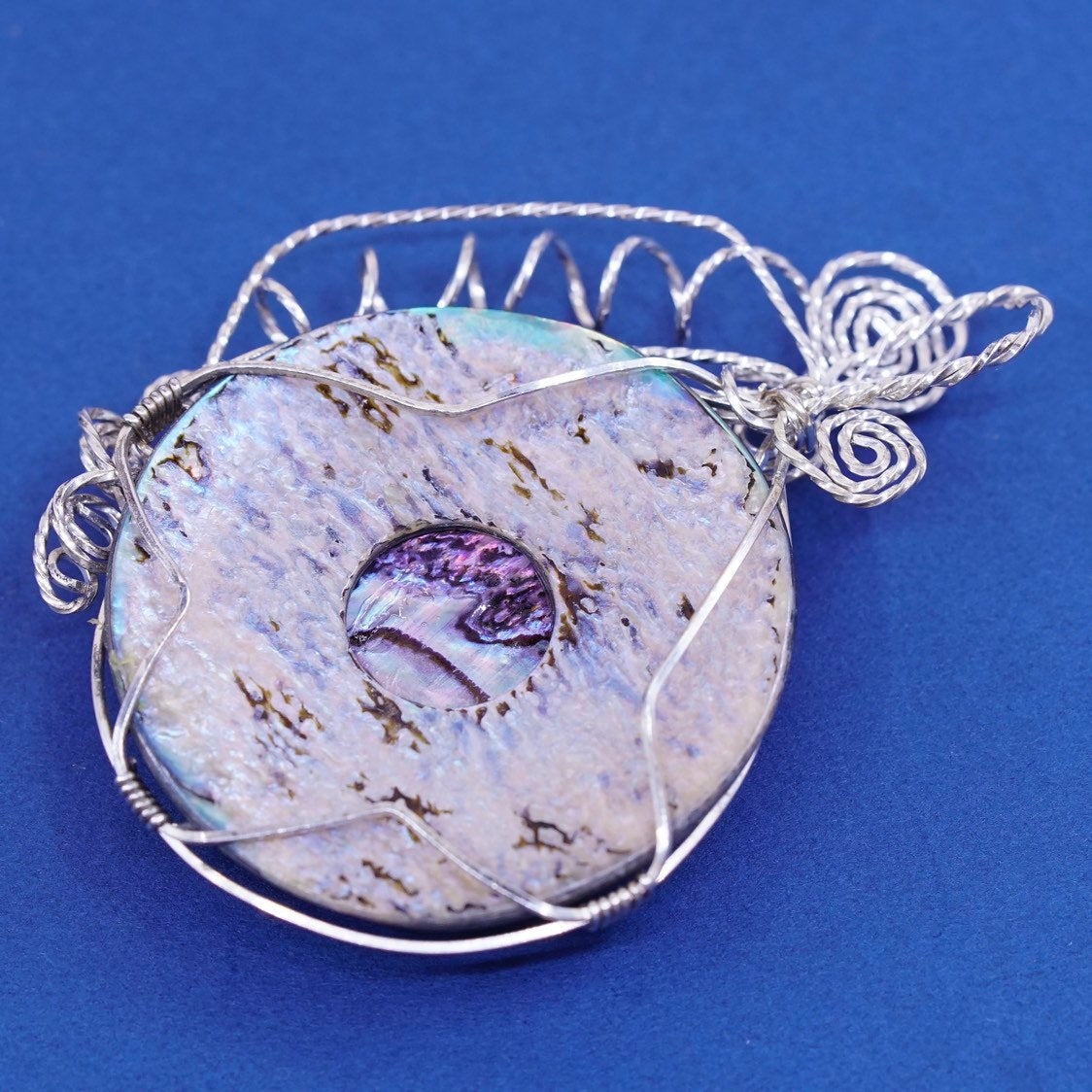 vtg Sterling silver handmade pendant, 925 Wire with abalone shell