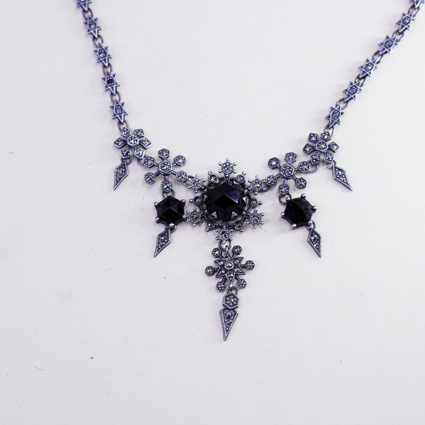 15”, sterling 925 silver necklace chain w/ marcasite snowflake obsidian pendant