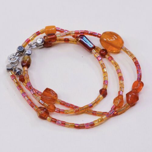 6.5” Vtg Sterling Silver Handmade Bracelet, 925 Clasp W/ Red Orange Glass Beads