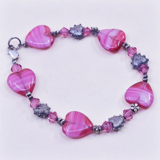 7.75”, vintage 925 Sterling silver beads bracelet w/ artisan pink glass heart