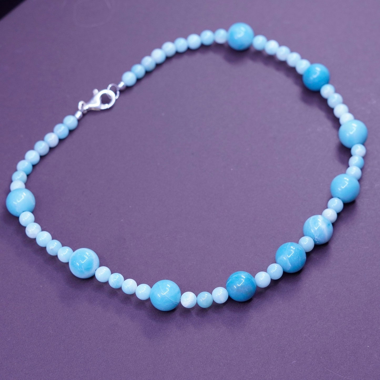 17”, vintage larimar beads necklace with Sterling 925 silver clasp