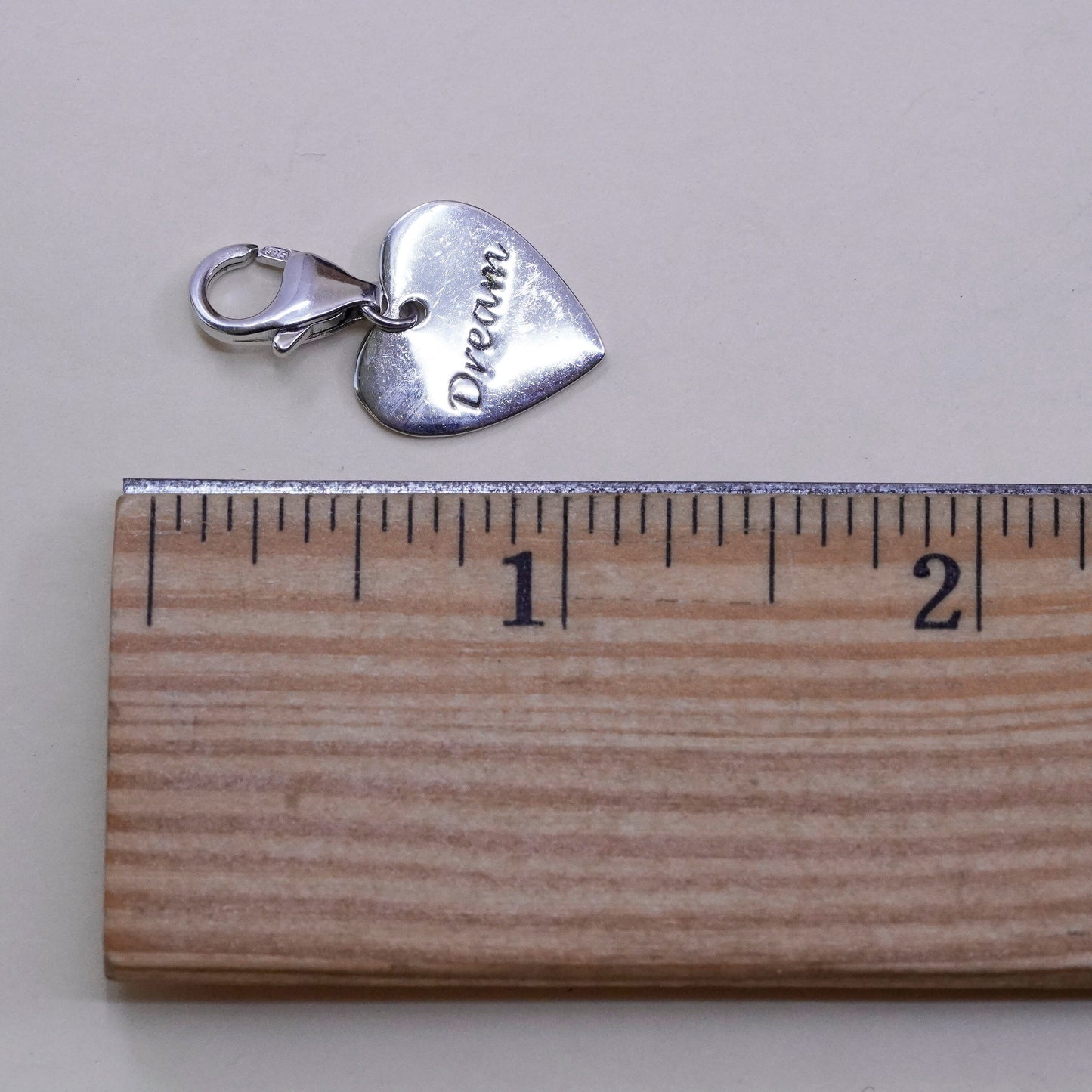 Vintage Sterling silver handmade charm, 925 heart pendant engraved dream