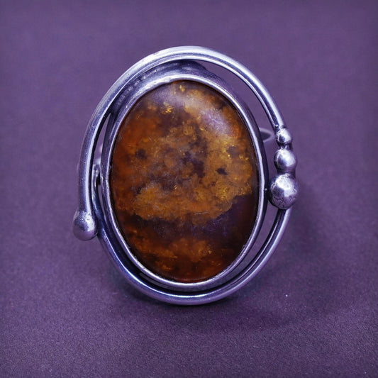 Size 10.5, vintage Sterling 925 silver handmade ring with oval Amber and beads