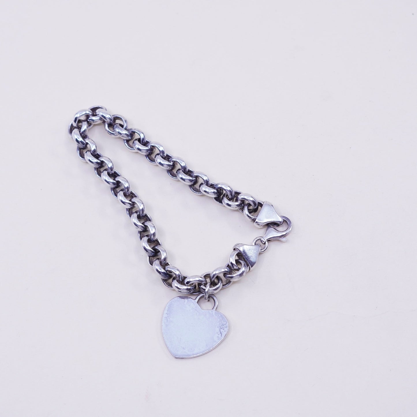 7”, 8mm, sterling silver circle bracelet, 925 chain heart charm toggle closure