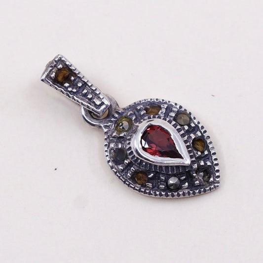 Vintage Sterling silver handmade pendant, 925 teardrop with ruby N marcasite