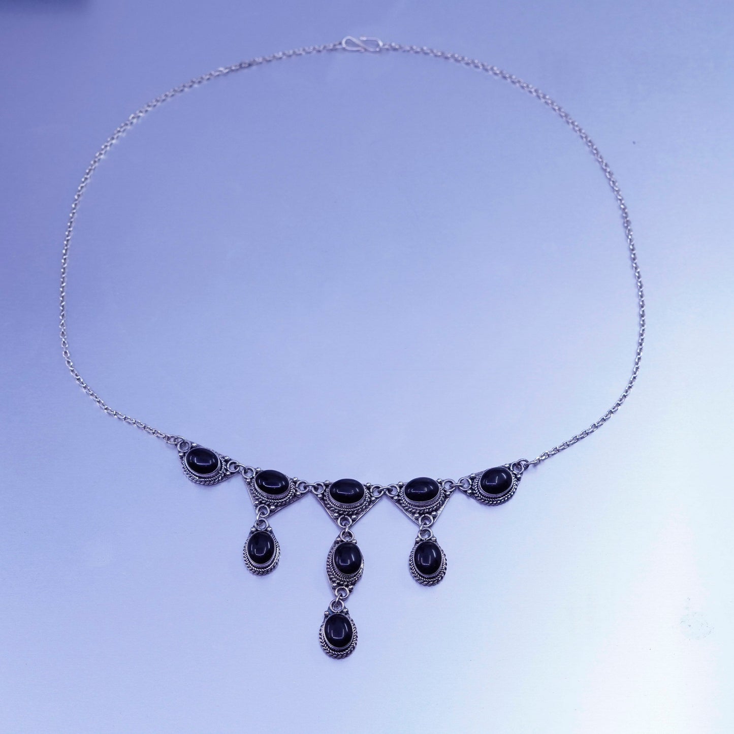 18”, vintage Sterling 925 silver handmade circle chain necklace obsidian cable