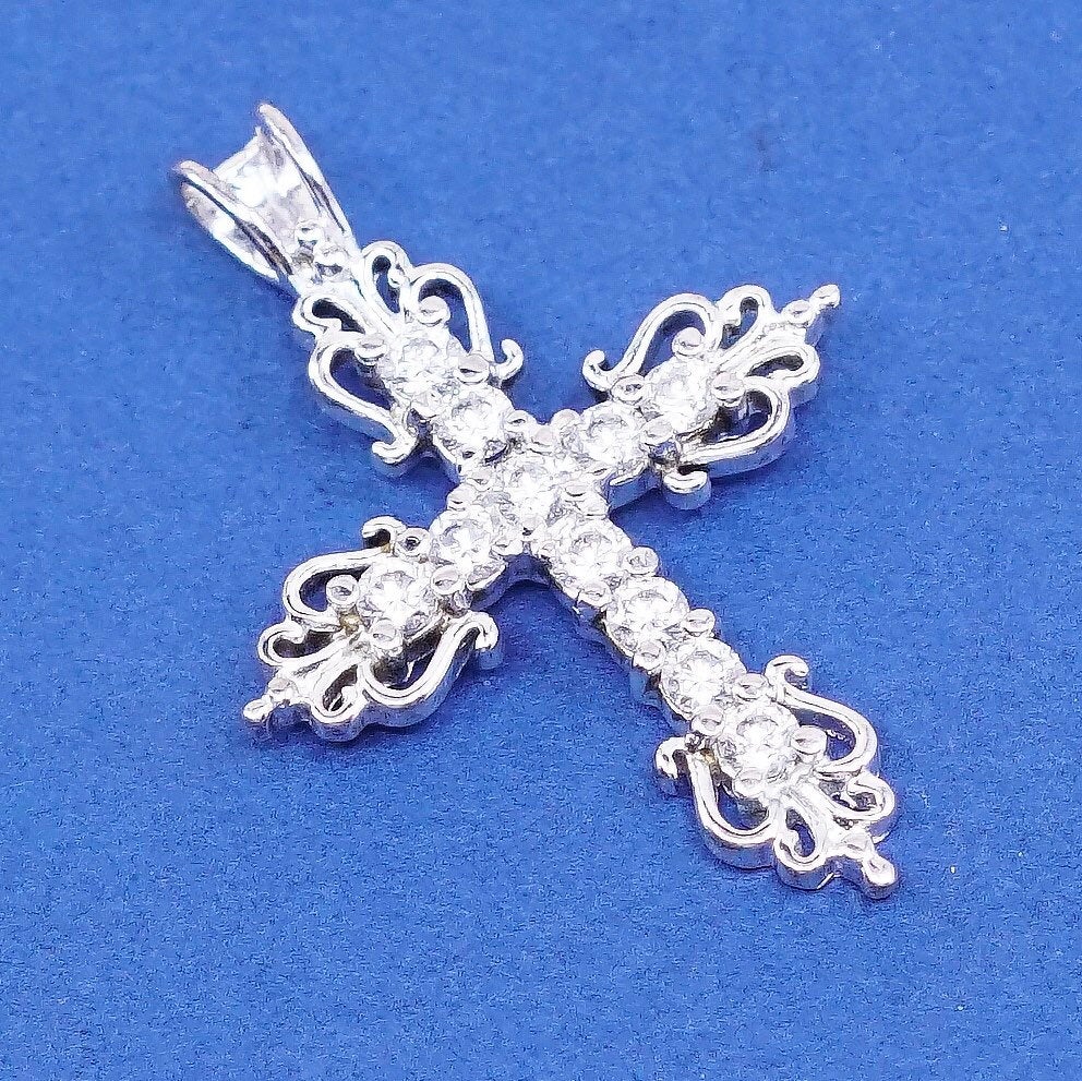 vtg Sterling silver handmade pendant, 925 cross w/ crystal