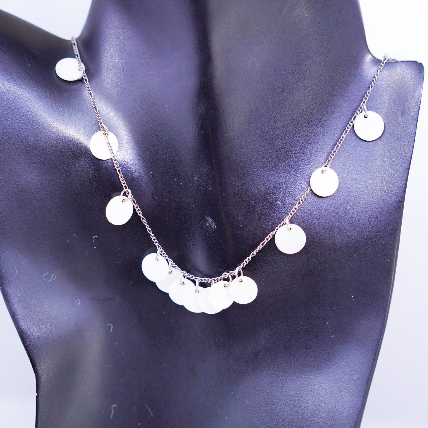 18”, Sterling 925 silver handmade figaro necklace with mother of pearl discs