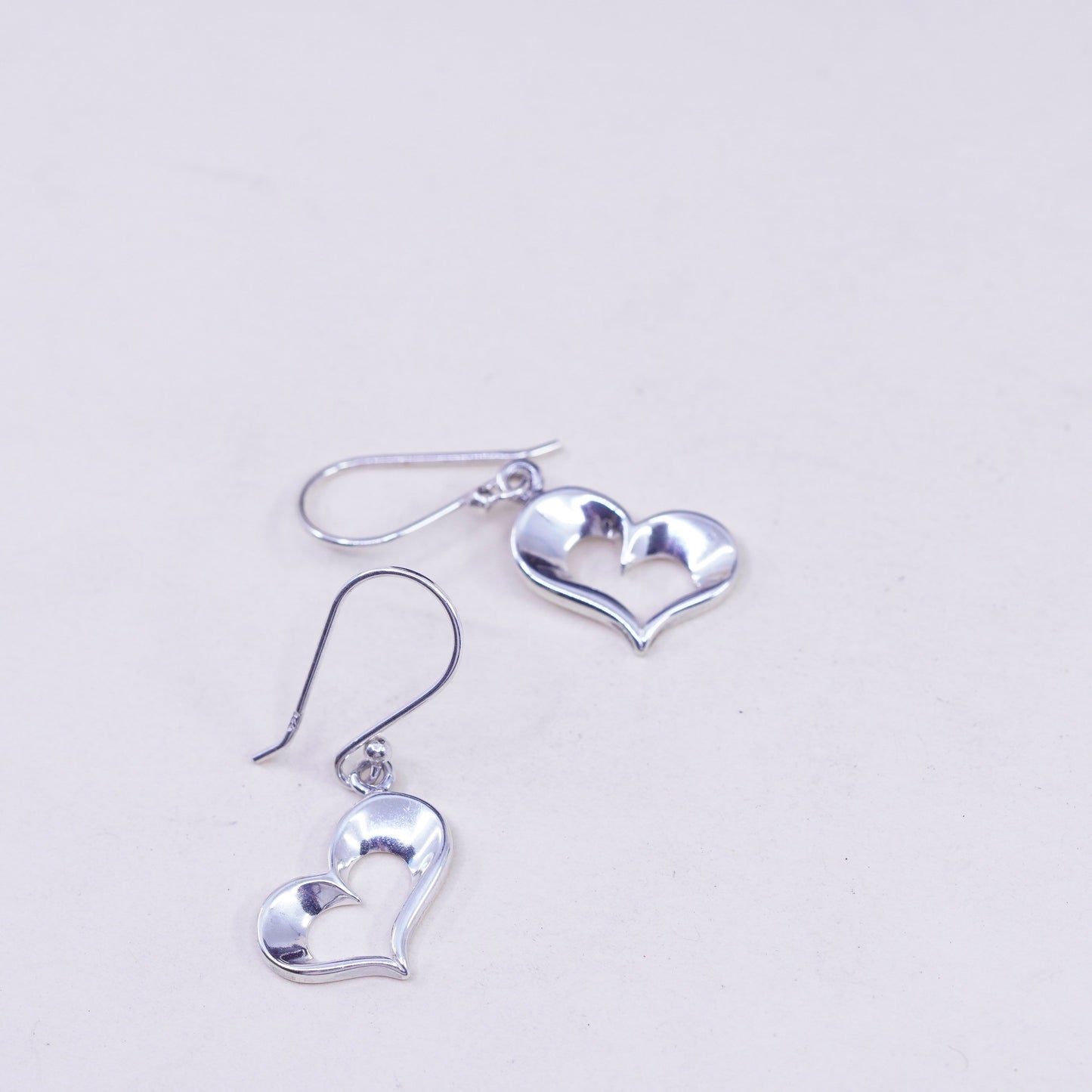 Vintage sterling silver handmade earrings, 925 heart dangles