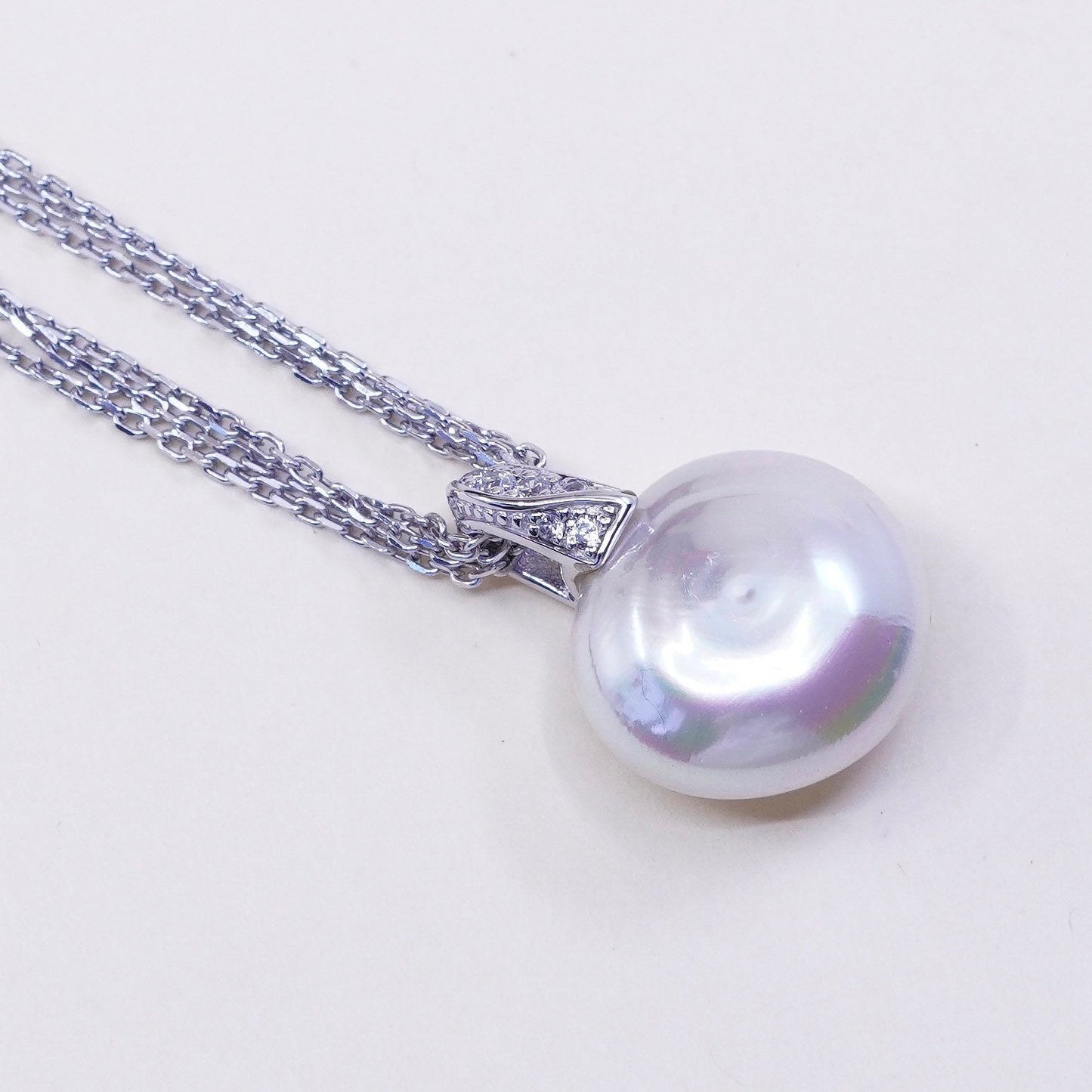 16+2”, M 925 Sterling Silver Multi Strands Chain Necklace W/ 18mm pearl Pendant