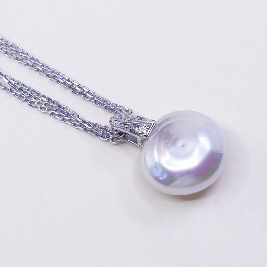 16+2”, M 925 Sterling Silver Multi Strands Chain Necklace W/ 18mm pearl Pendant