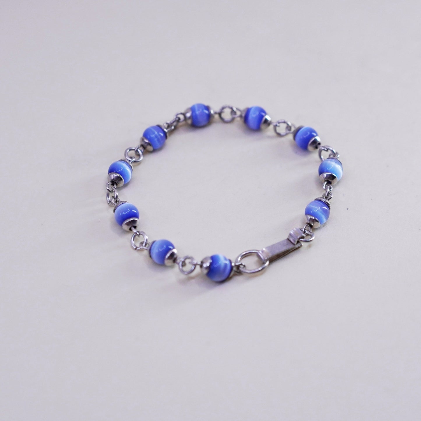 6”, Vintage Mexico sterling silver bracelet, 925 beads with blue cats eye