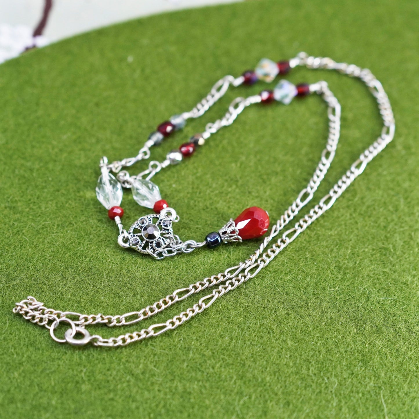 18”, sterling silver necklace, 925 figaro chain red teardrop glass pendant