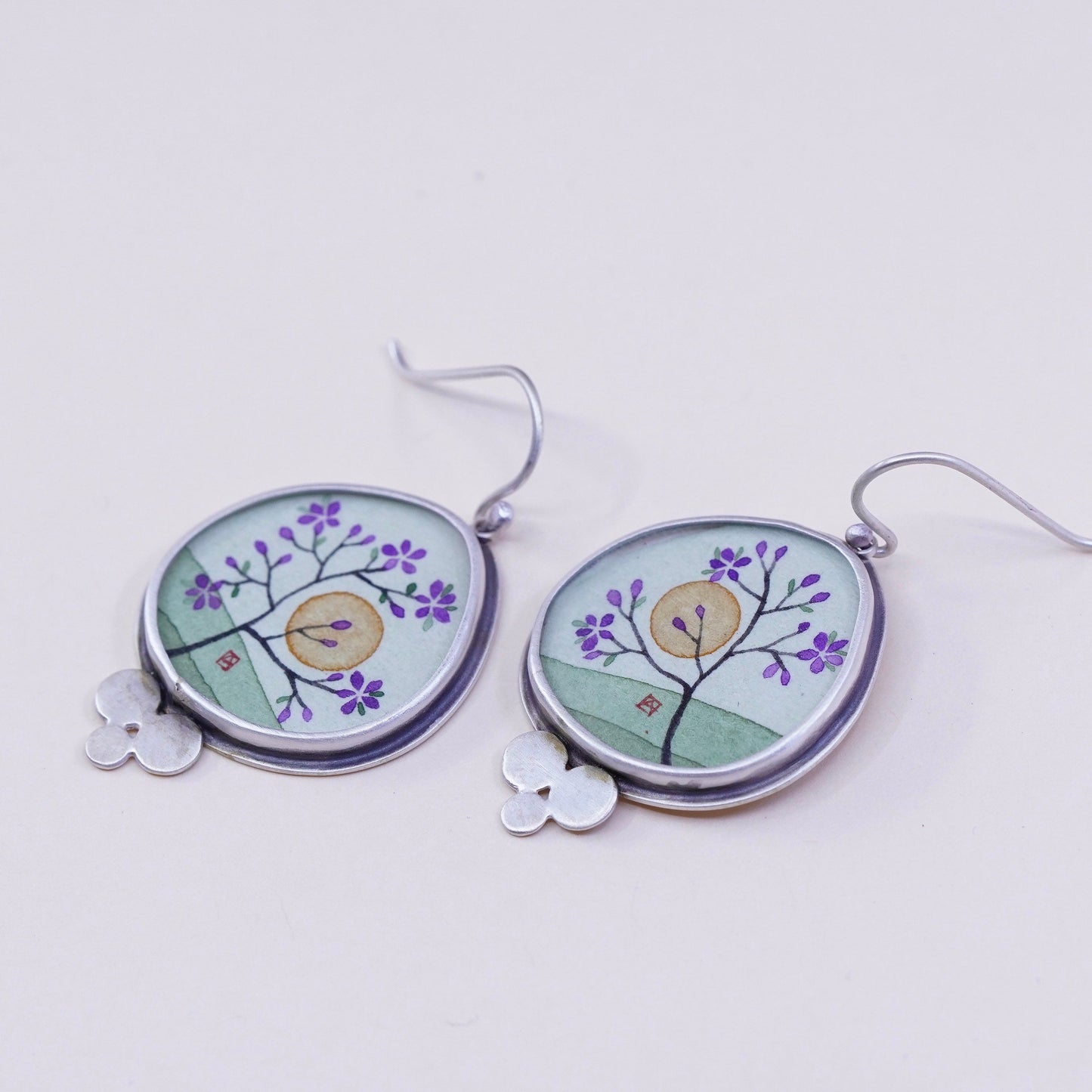 Designer Ananda KHALSA Sterling 925 silver handmade earrings, watercolor purple plum blossom flower with sun, stamped 925 A
