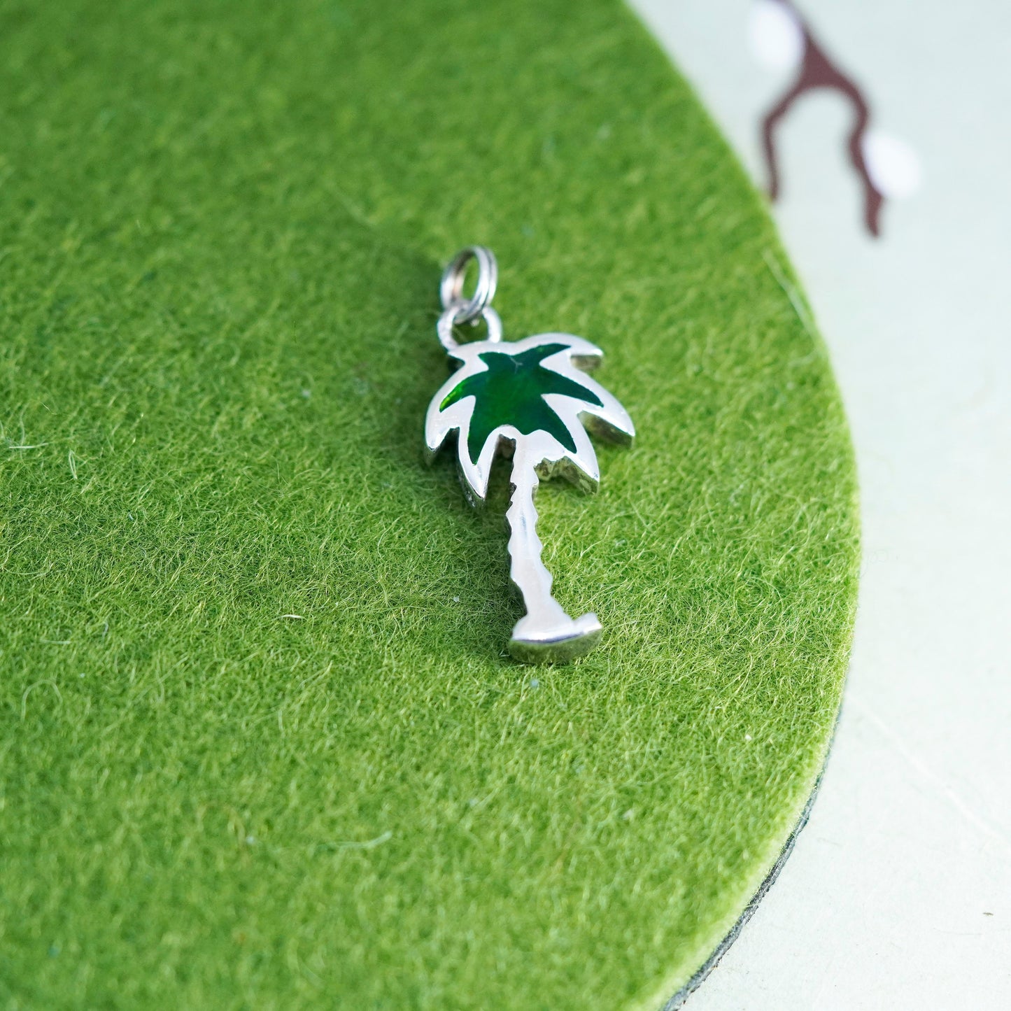 Vintage sterling silver handmade pendant, 925 green palm tree charm