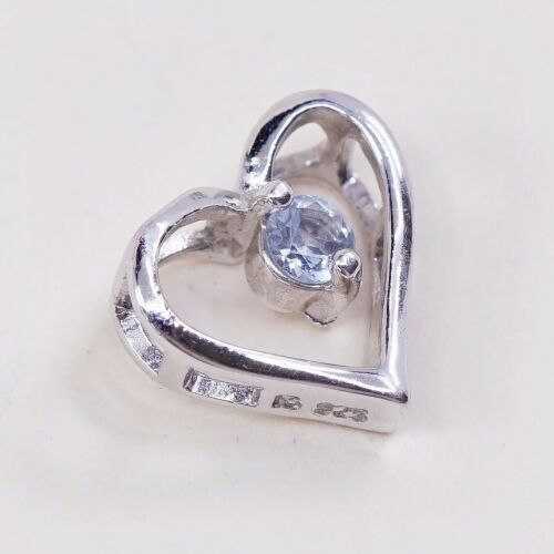 Vintage Sterling Silver Heart Pendant, 925 Heart With Blue Cz, Stamped 925