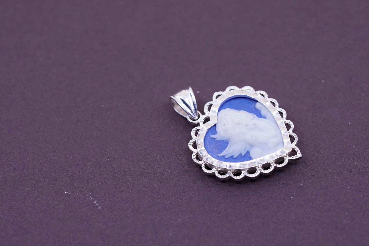 Vintage Peru Sterling 925 silver handmade pendant with blue agate cameo angel