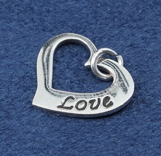 vtg sterling silver handmade pendant, 925 heart charm embossed “love”