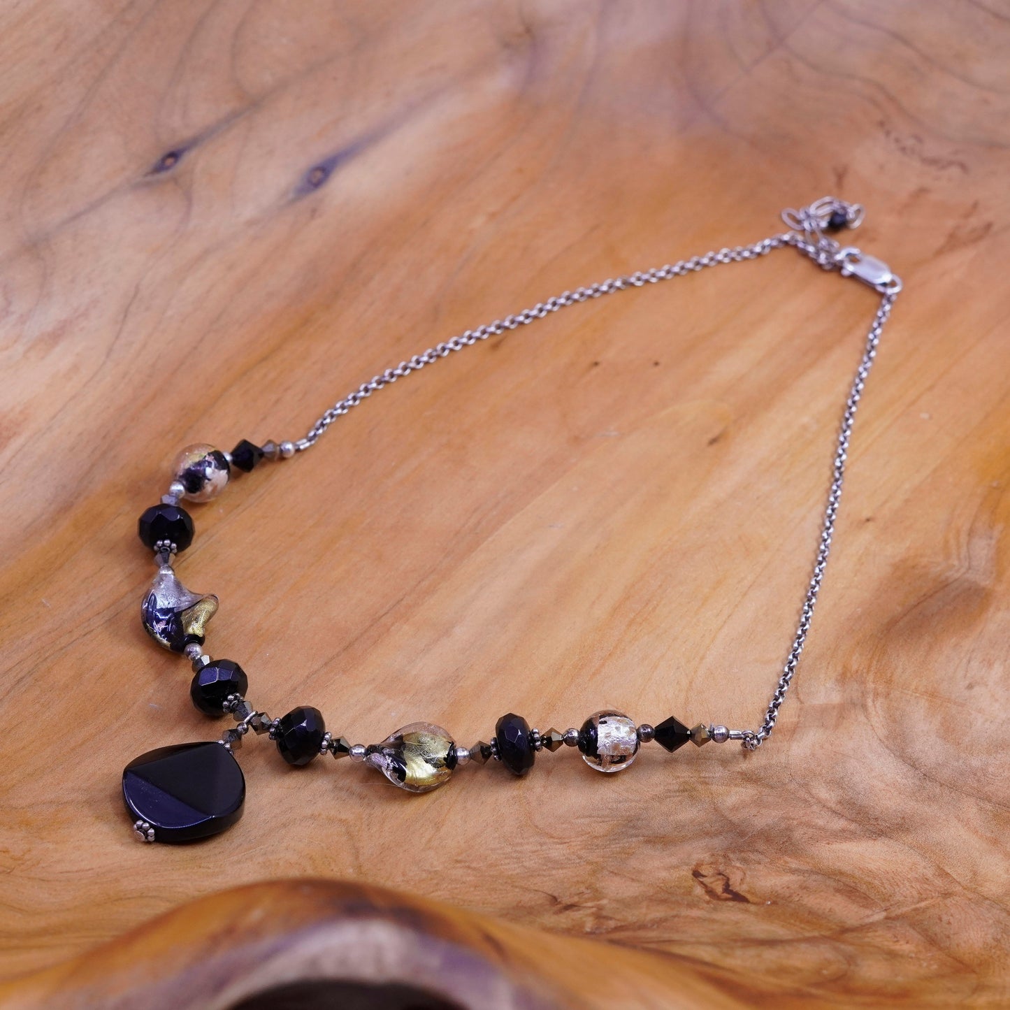 16+2”, sterling 925 silver chain necklace with obsidian beads and pendant