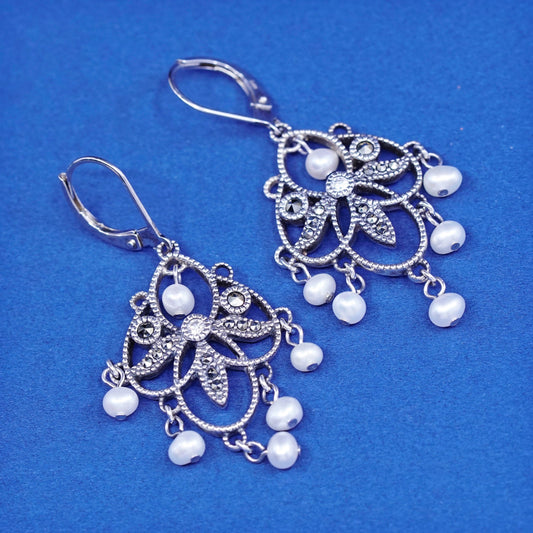 vtg sterling silver handmade earrings, 925 studs w/ marcasite and cluster pearl