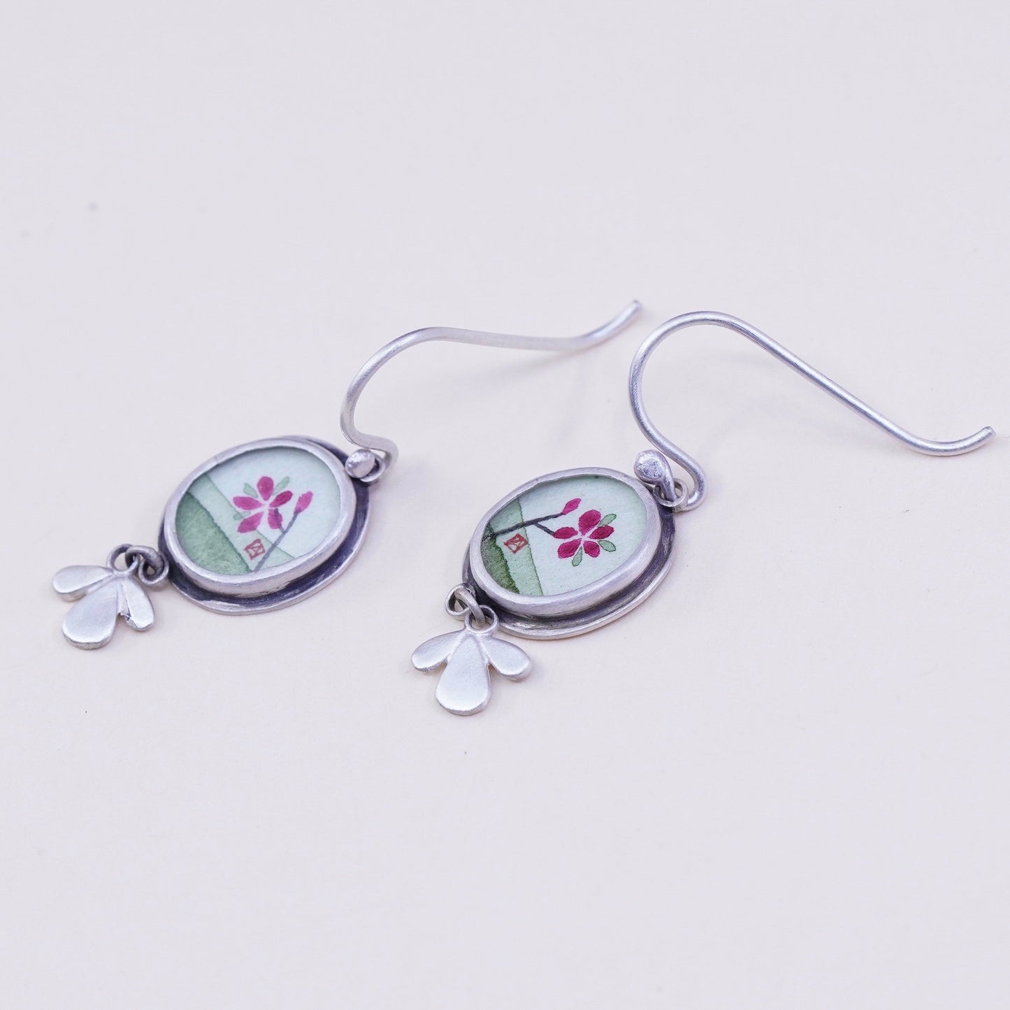 Designer Ananda KHALSA Sterling 925 silver handmade earrings, watercolor pink plum blossom flower , stamped 925 A