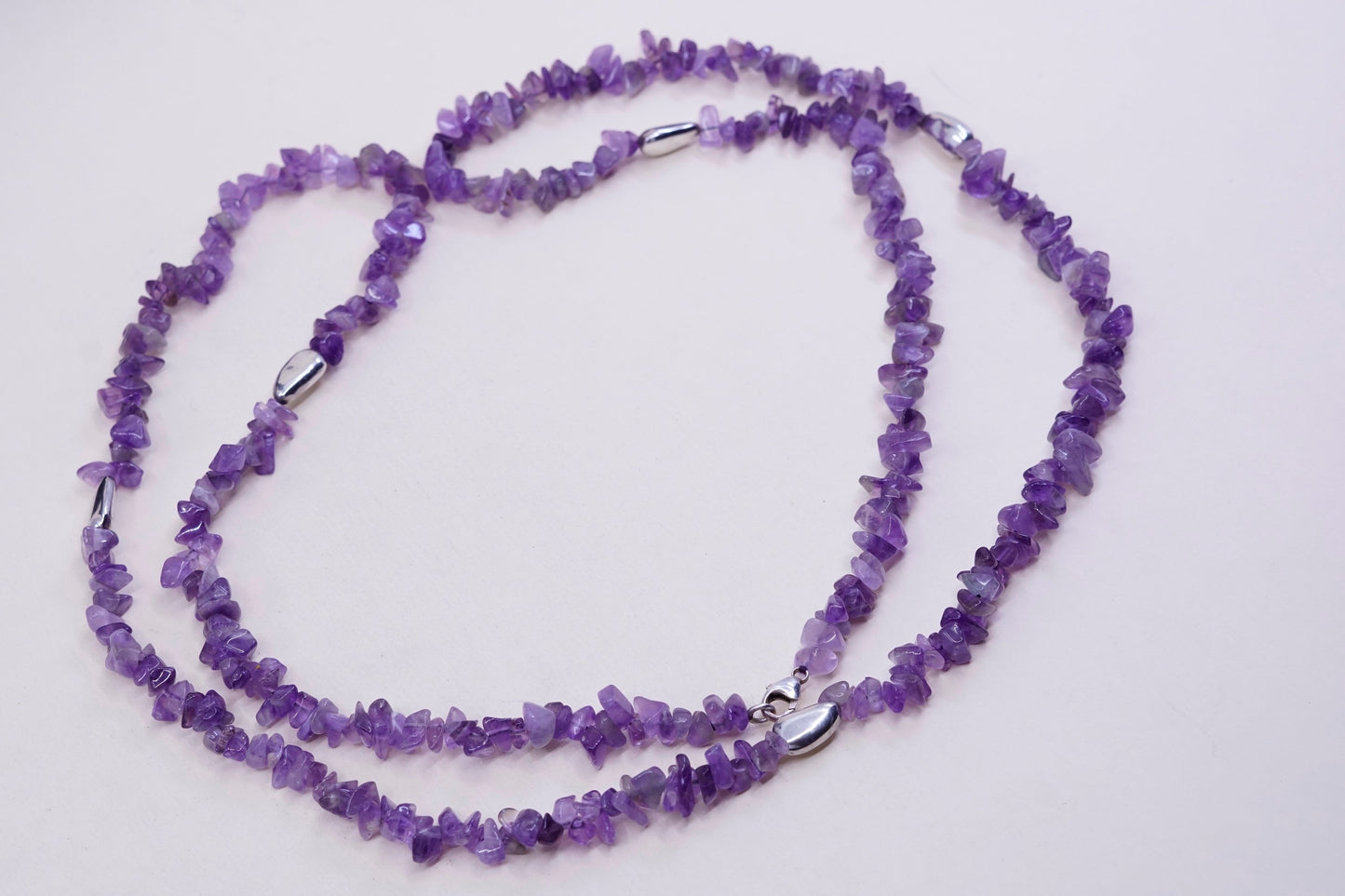 40”, Vintage sterling 925 silver handmade extra long necklace w/ amethyst beads