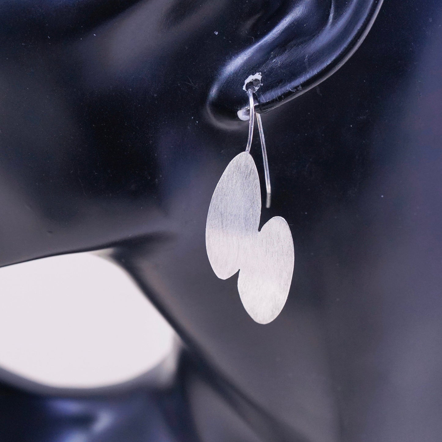 vtg Sterling silver handmade earrings, geometric leaf drops, Matt surface