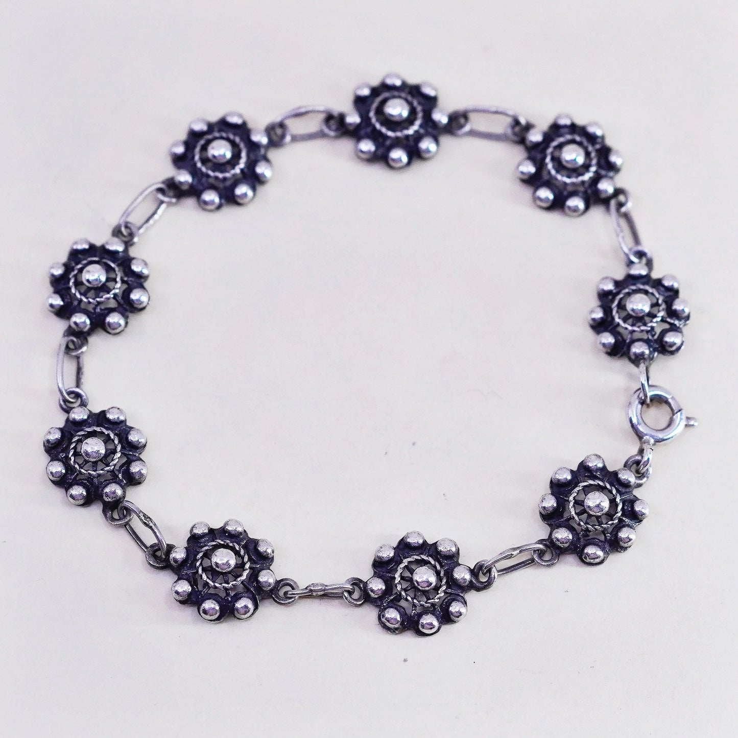 6.75”, sterling silver handmade bracelet, 925 flower beads, handmade jewelry