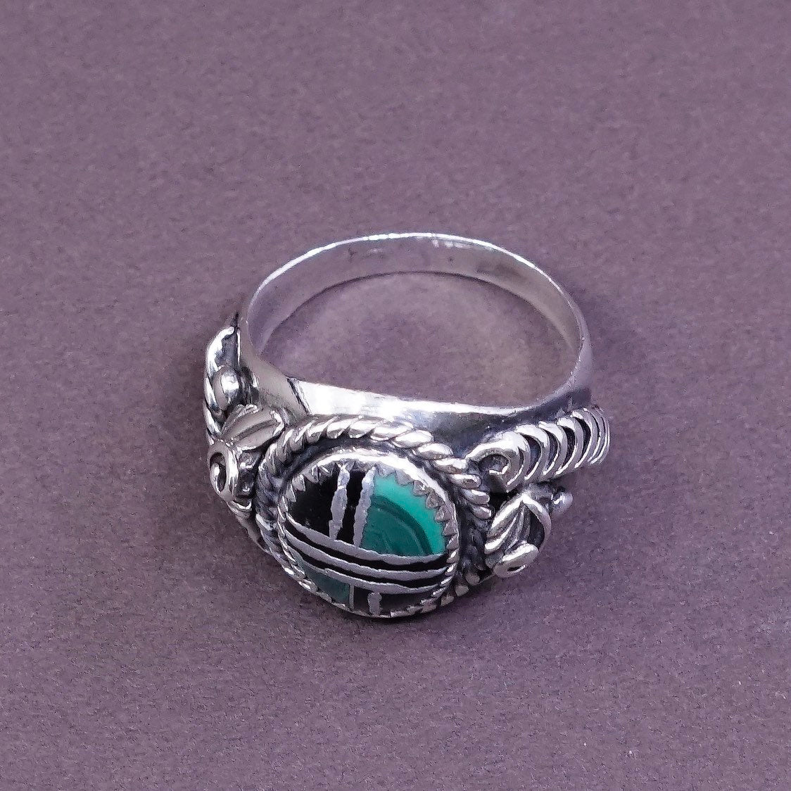 sz 9, vintage sterling silver handmade ring, 925 w/ obsidian N malachite