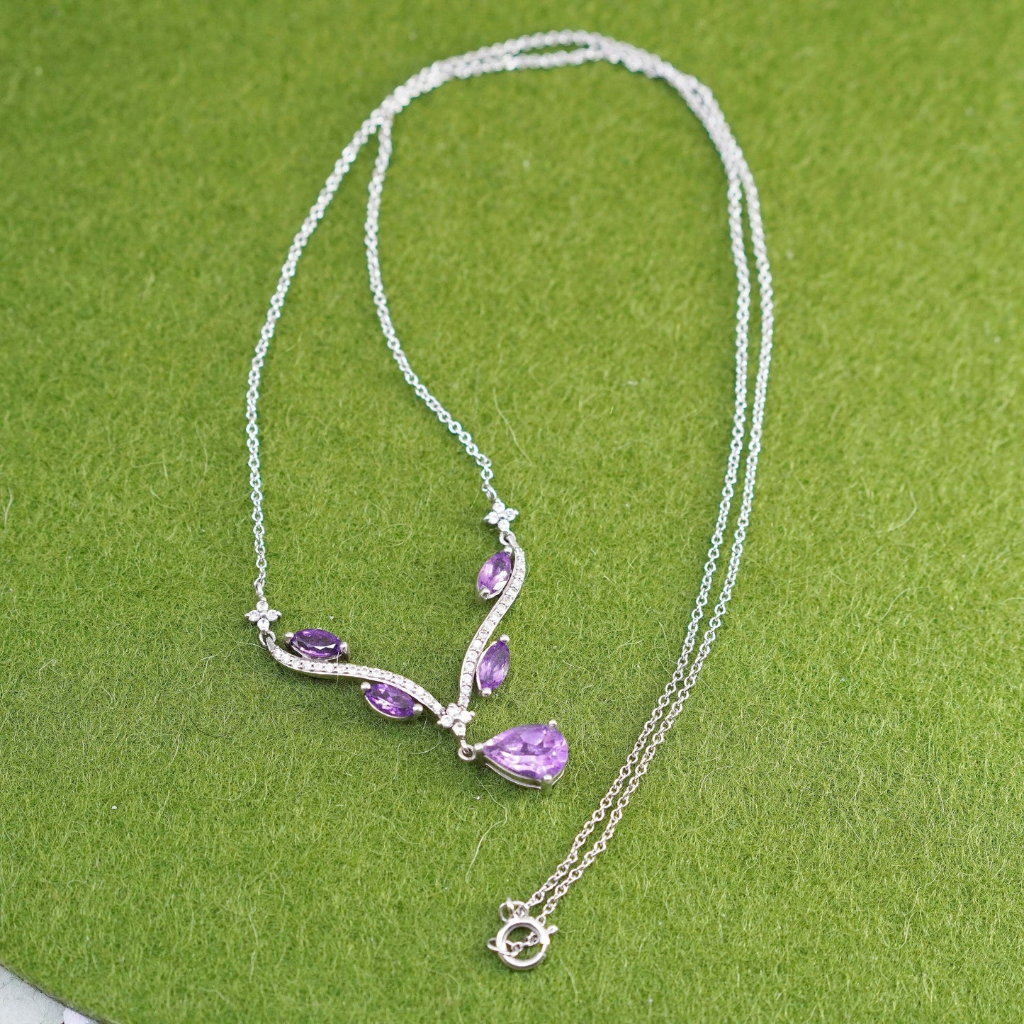 18”, Sterling silver necklace, 925 circle chain teardrop amethyst pendant