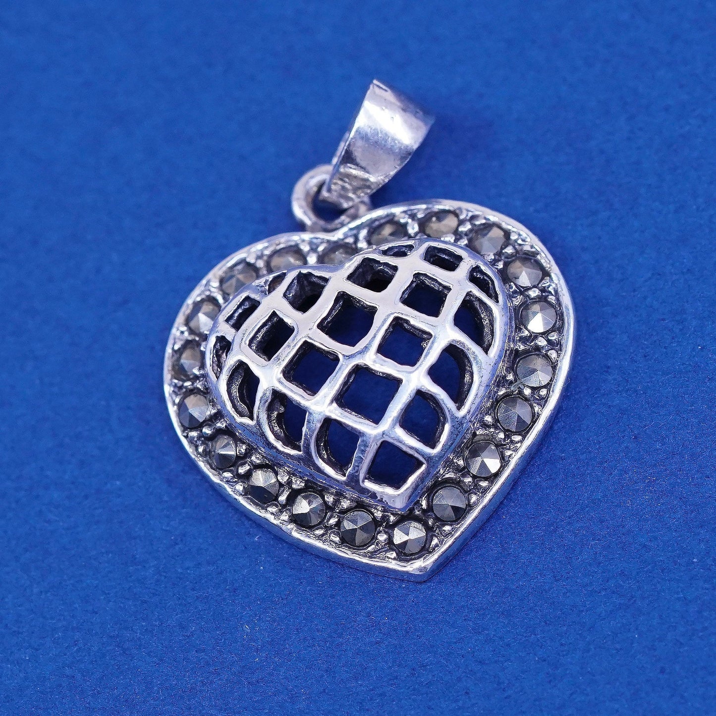 vtg Sterling silver handmade pendant, 925 heart w/ marcasite, stamped 925